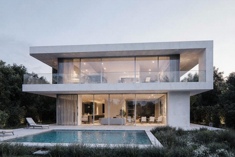 A white two-storey house with a deep cantilevered roof, glass balustrades and a pool along the front terrace