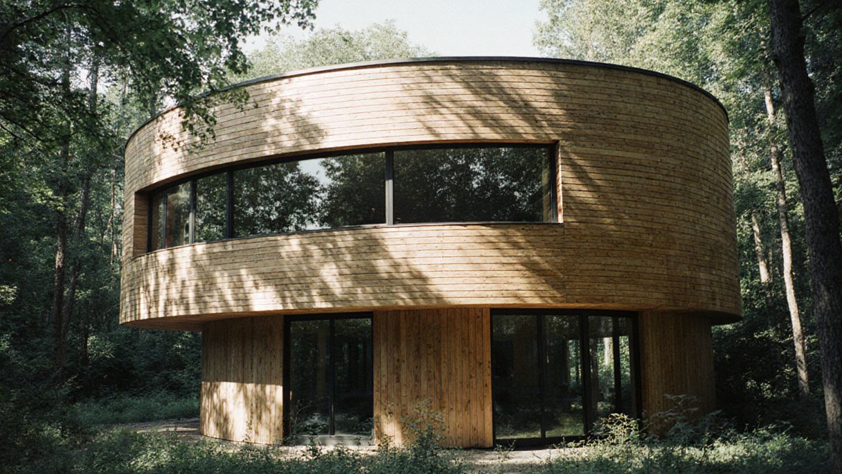 A curved timber-clad house lit gold by low sun, its glazing wrapping the whole ground floor