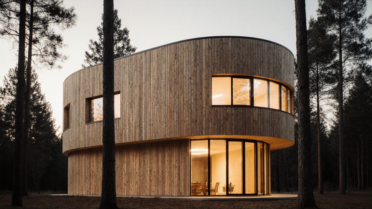 A curved timber house glowing warmly at dusk among tall pines