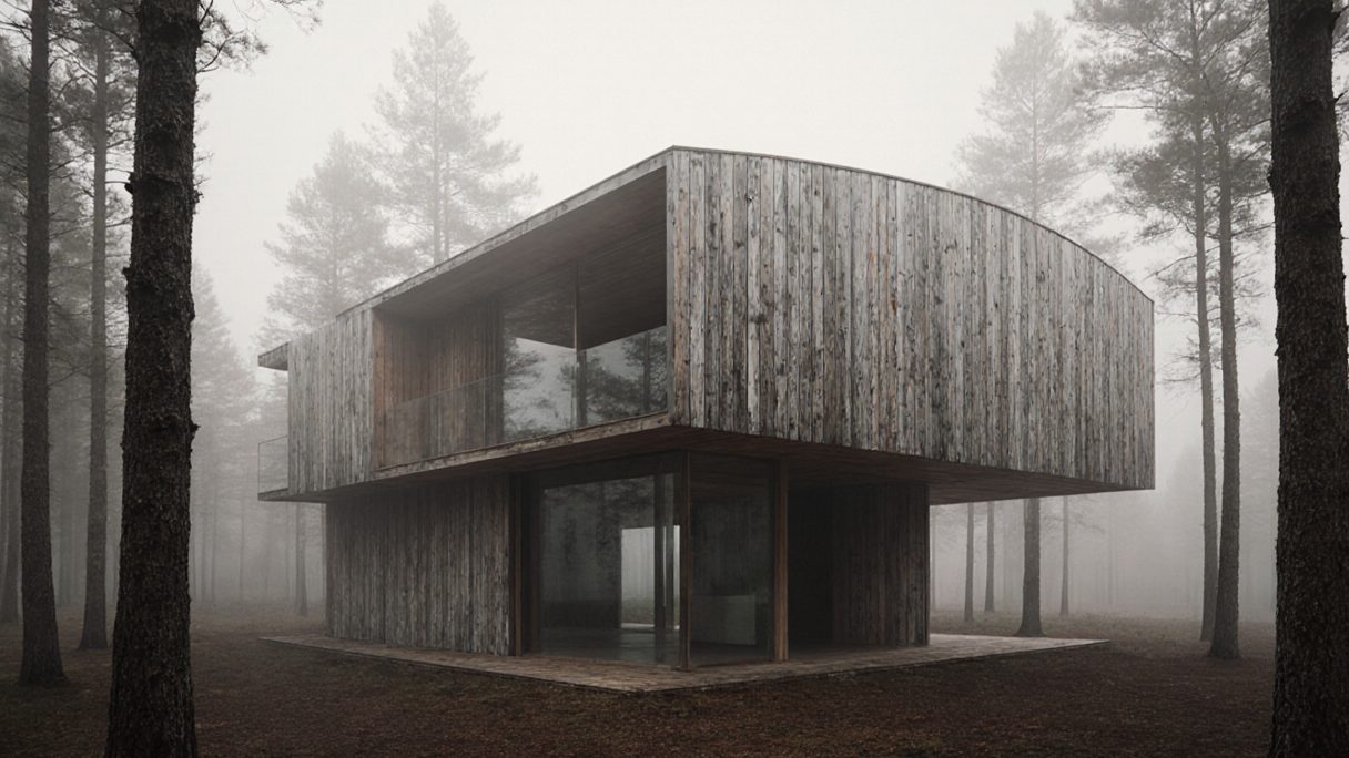 A cantilevered concrete house in morning fog, the upper floor projecting out over the entrance