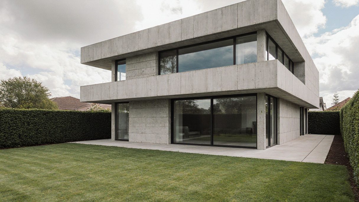 A crisp white two-storey house with deep roof overhangs on an open lawn under a bright sky