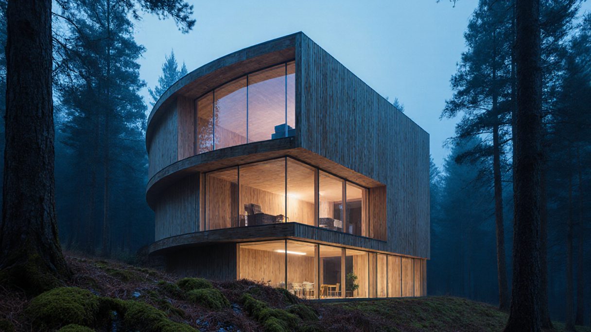 A timber house on a wooded slope after dark, every room lit warm against the trees