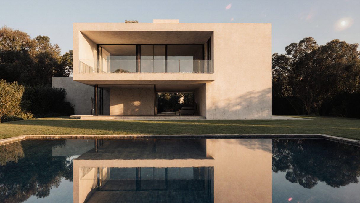 A white minimalist house at dusk, mirrored in the still water of its pool