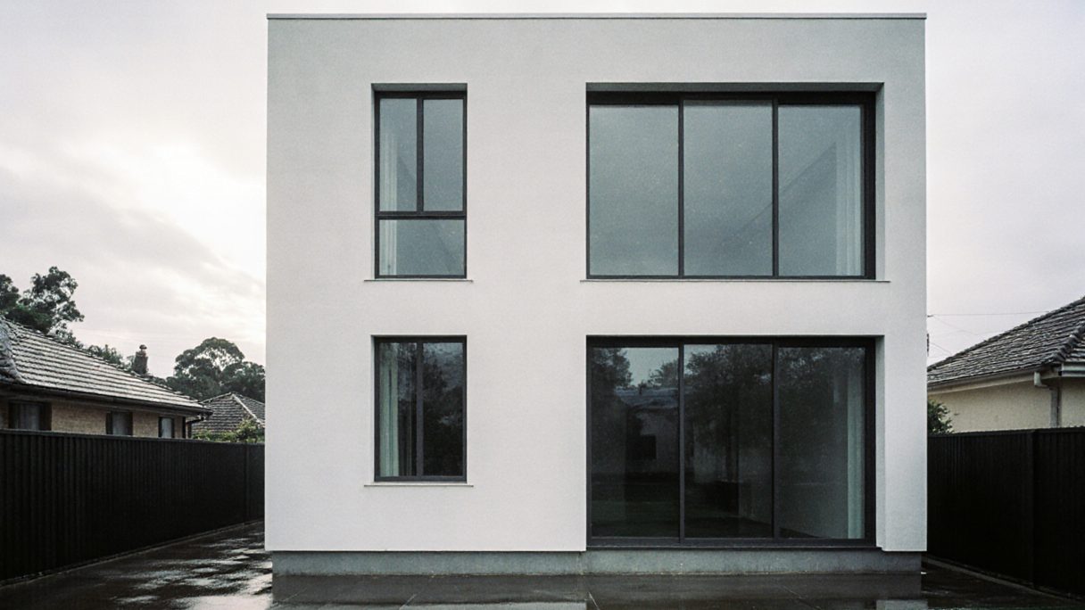 A white rendered two-storey house seen straight on from the street, neighbours either side